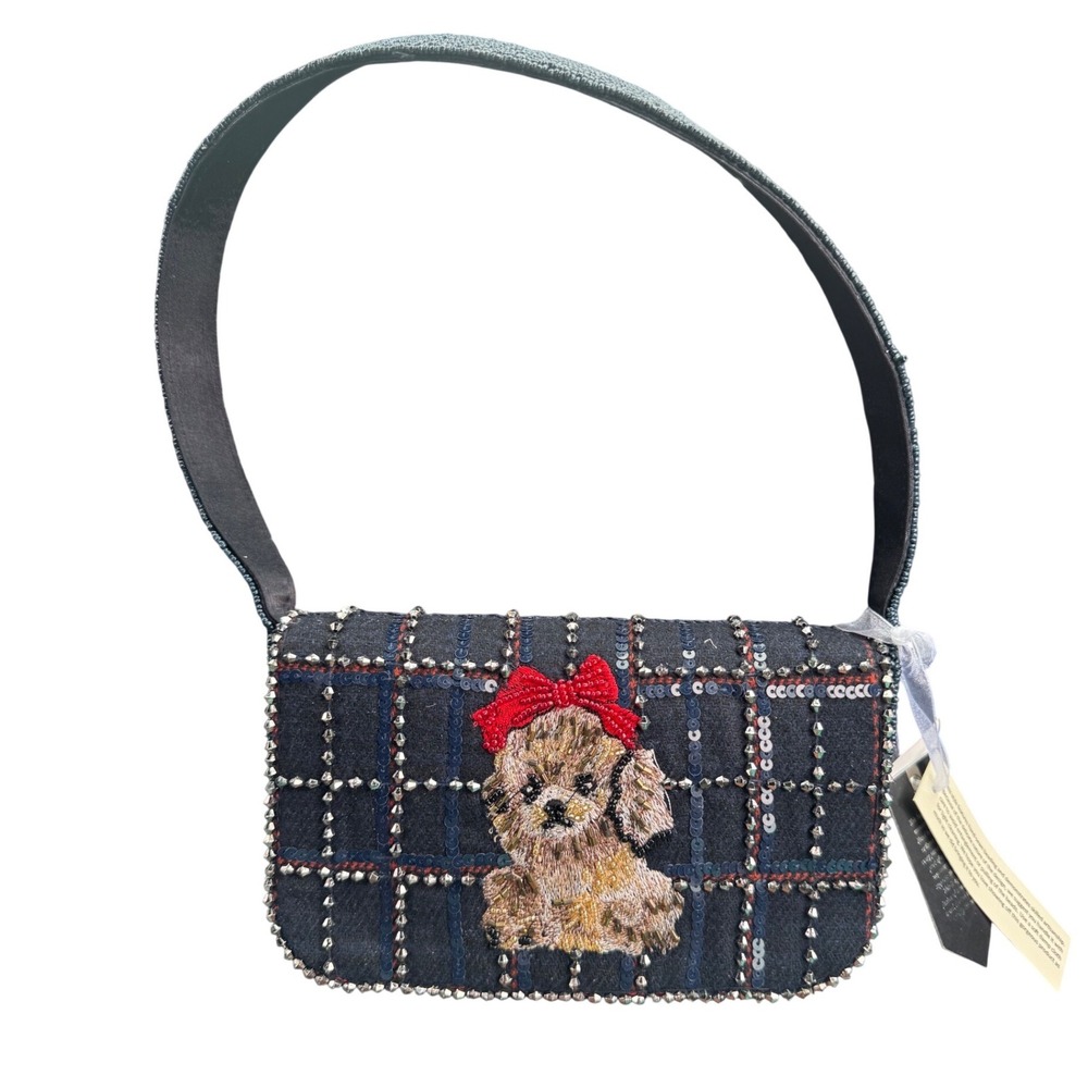 Red Bow Blue Gingham Christmas Collection Dog Beaded Shoulder Bag NWT